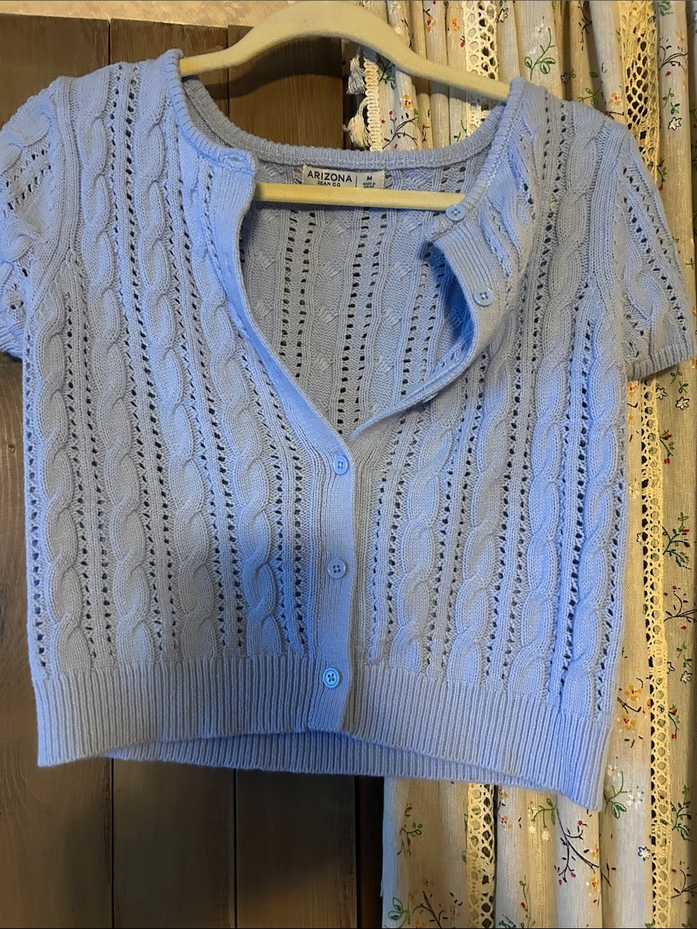 Arizona Jean Company Light Blue Short-Sleeve Cable Cardigan